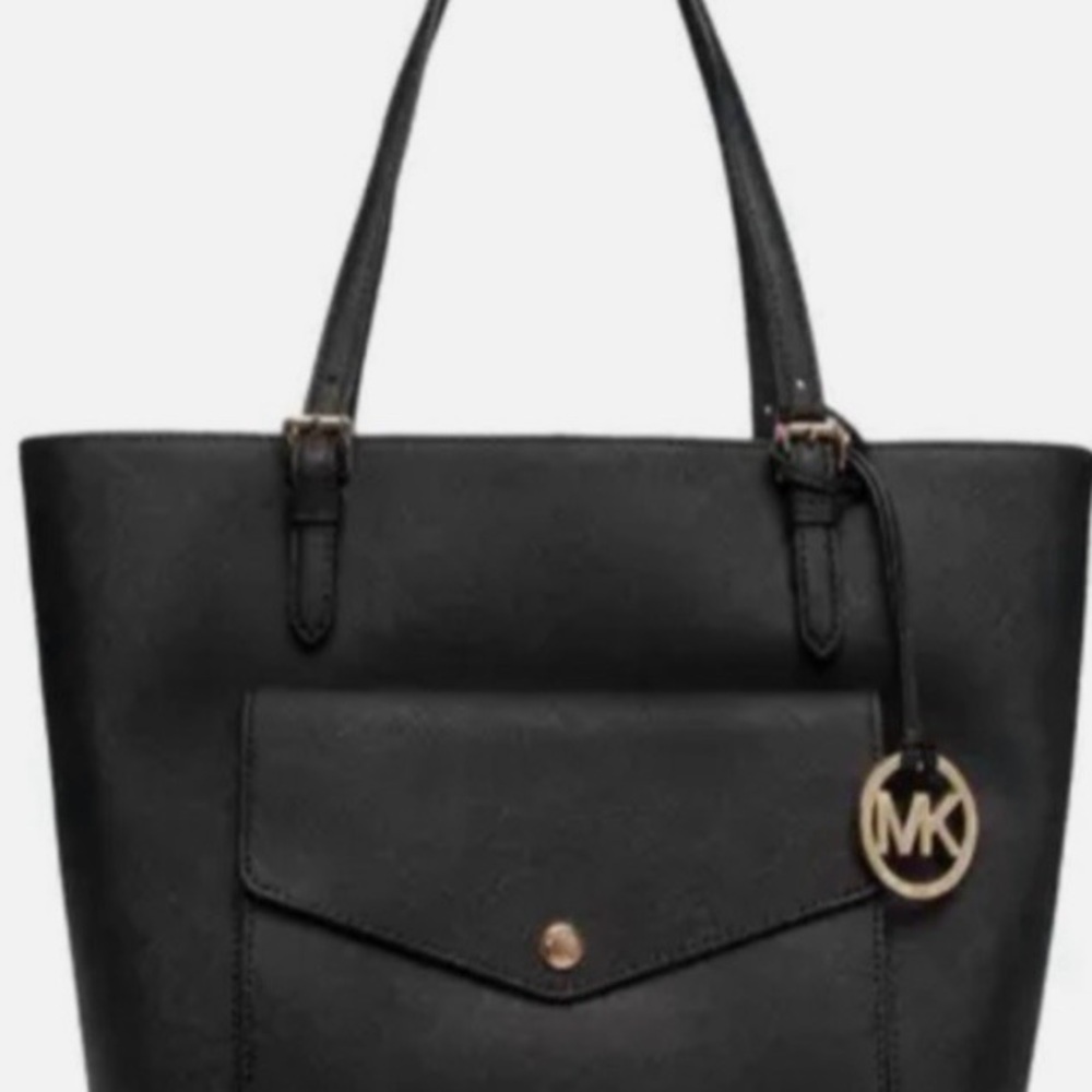 Michael Kors Black Leather Tote with Front Flap Pocket and MK Charm NWOT Zip Top - Picture 2 of 9